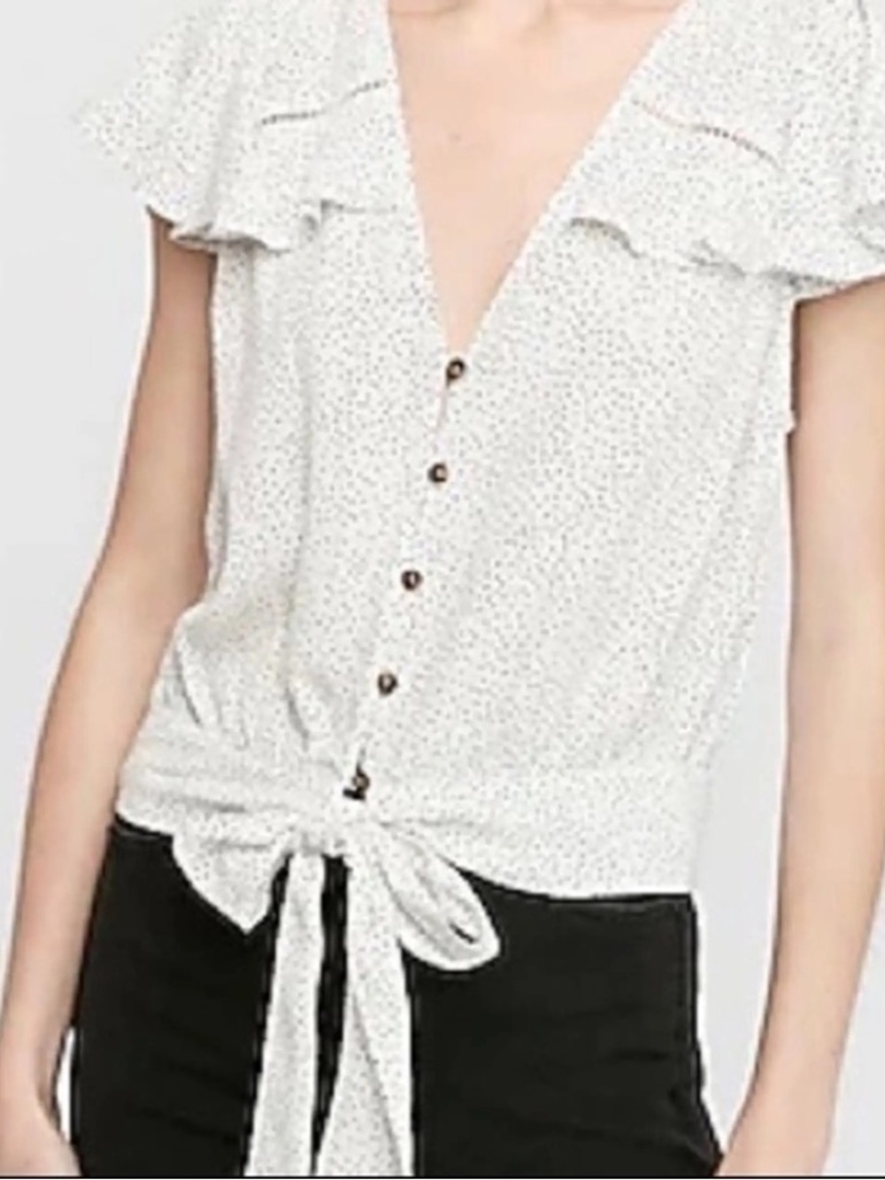 Express White Tie-Front Button Ruffle Blouse